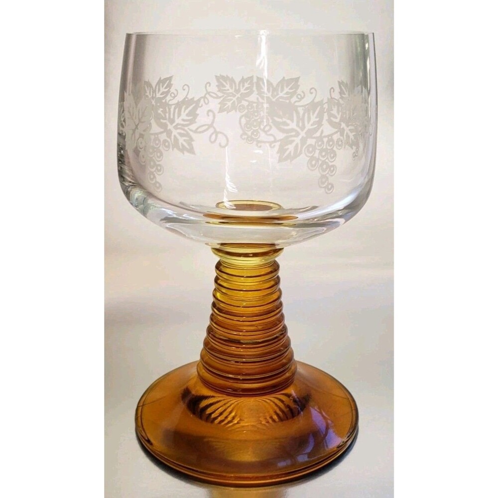 German Roemer 5" Wine Glass Etched Grape Leaves Amber Beehive Stem (2 Available)